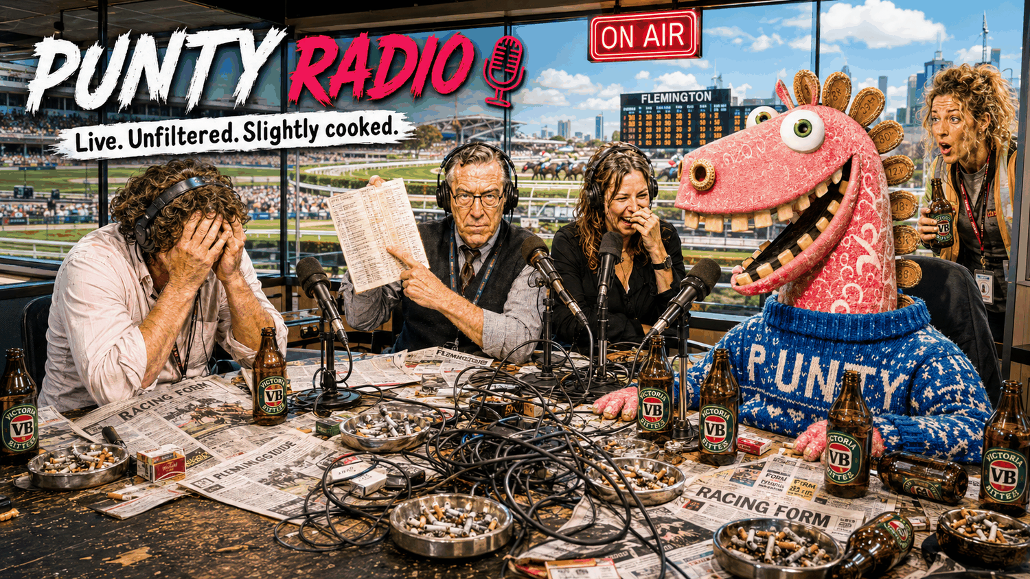 The Punty Radio panel crowded around a studio desk, all five of them
                      arguing over the form guide. Through the window behind them a race is
                      actually being run, and not one of them has noticed.