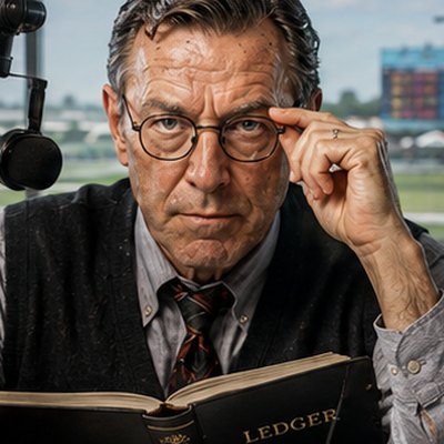 Ledger, the form analyst, peering over his glasses at a ledger book